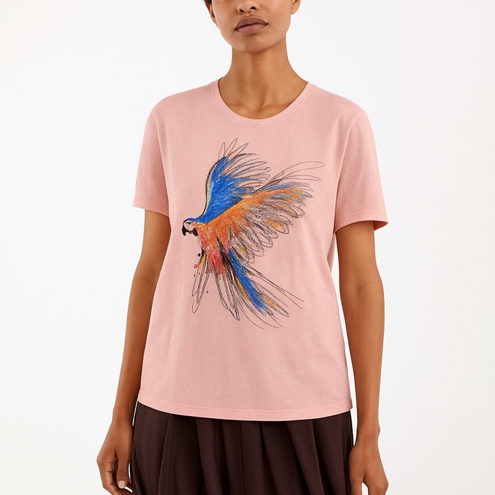 MAX MARA STUDIO Resort Embroidered Beaded Parrot Bird Tee Shirt